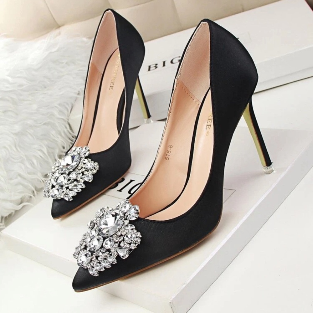 Rhinestone Decor Satin Stiletto Court Heels